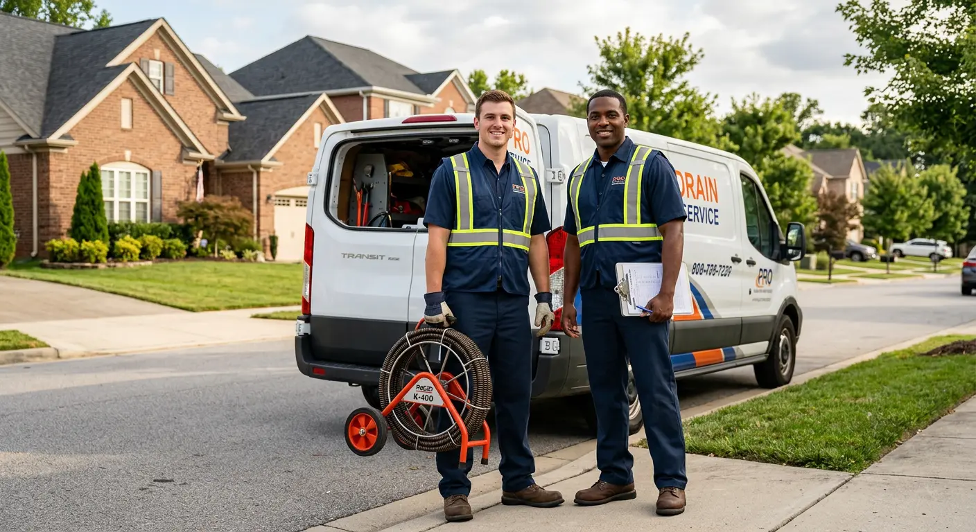 Sewer and drain service team with equipment ready for work in Maywood