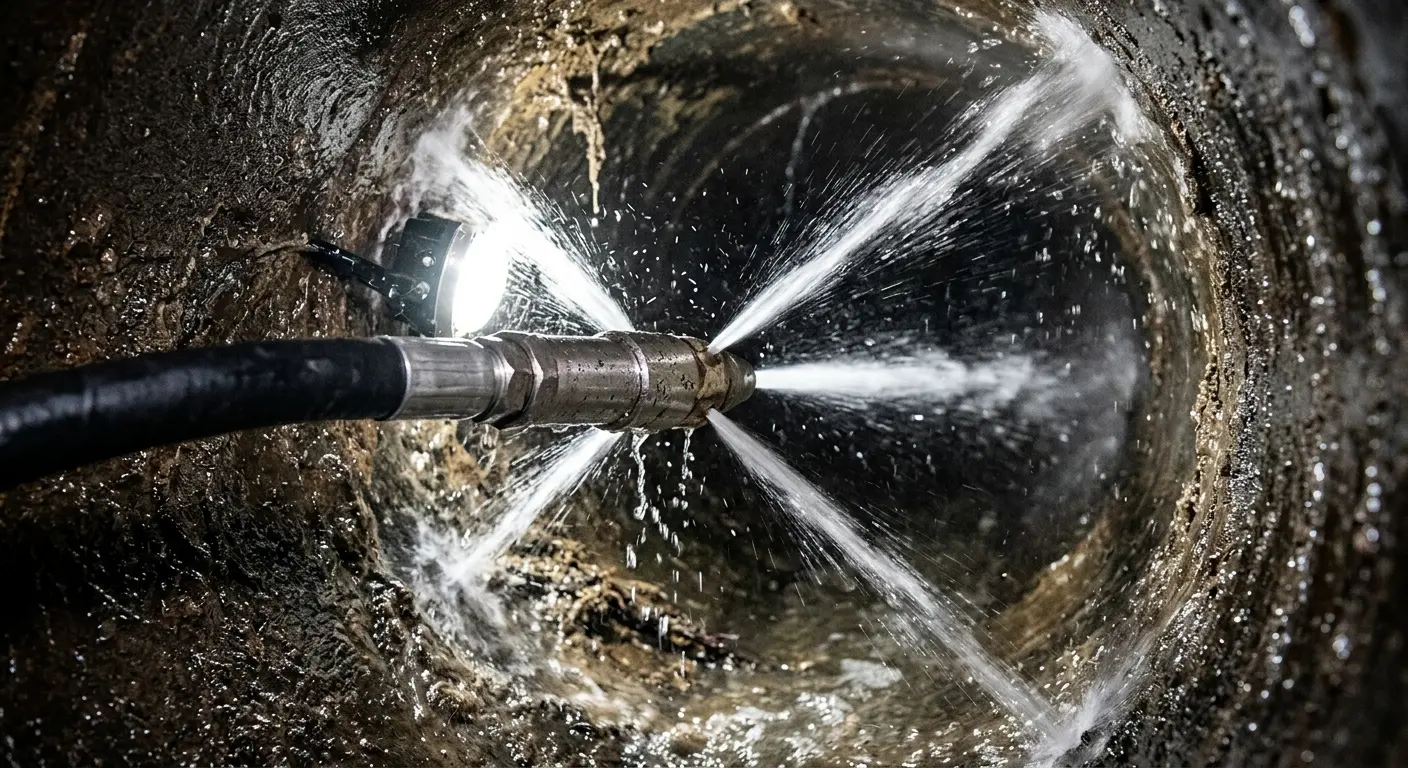 High-pressure hydro jetting nozzle cleaning sewer pipe for Storm Drain Cleaning in Maywood