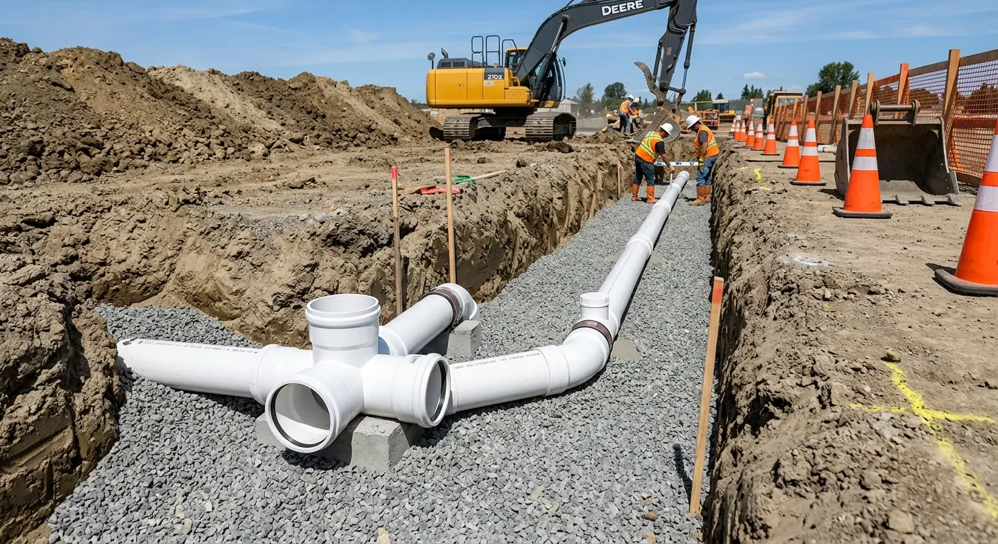 New PVC sewer pipe installation in open trench for Grease Trap Cleaning in Maywood