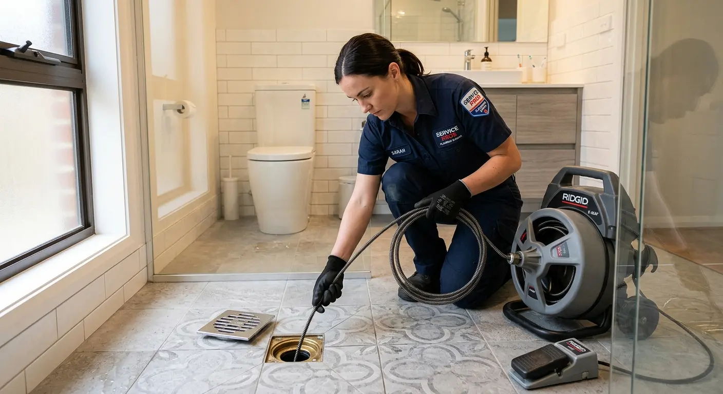 Technician clearing a bathroom floor drain for Sewer Line Installation in Maywood